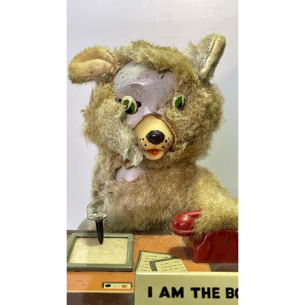 Linemar Tin Toy "I Am The Boss" Drinking Writing Bear Japan 1950s AS-IS